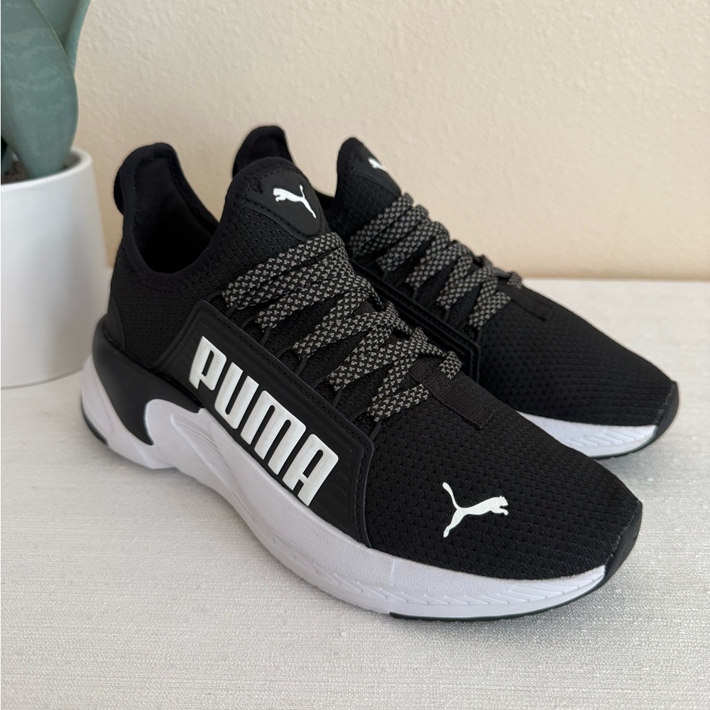 Puma Soft Ride Black and White Mesh Slip On Athletic Sneakers